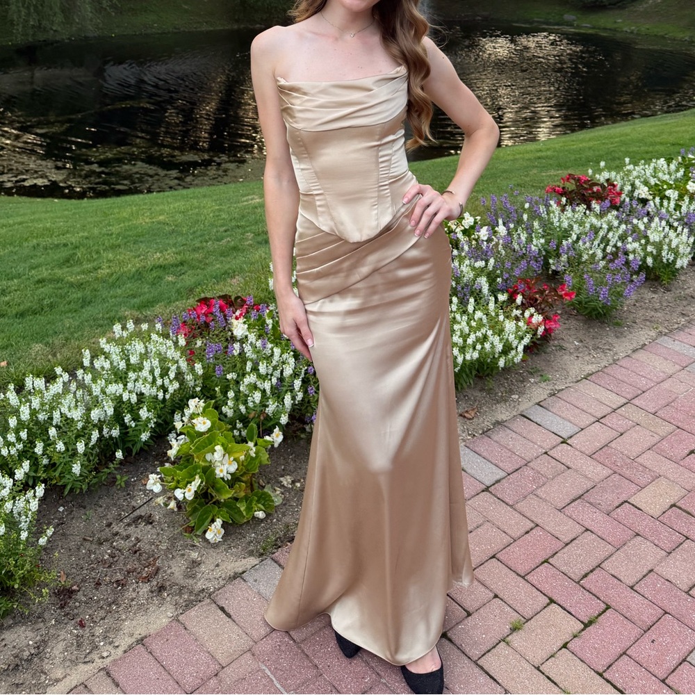 Azazie Strapless Tan Gown